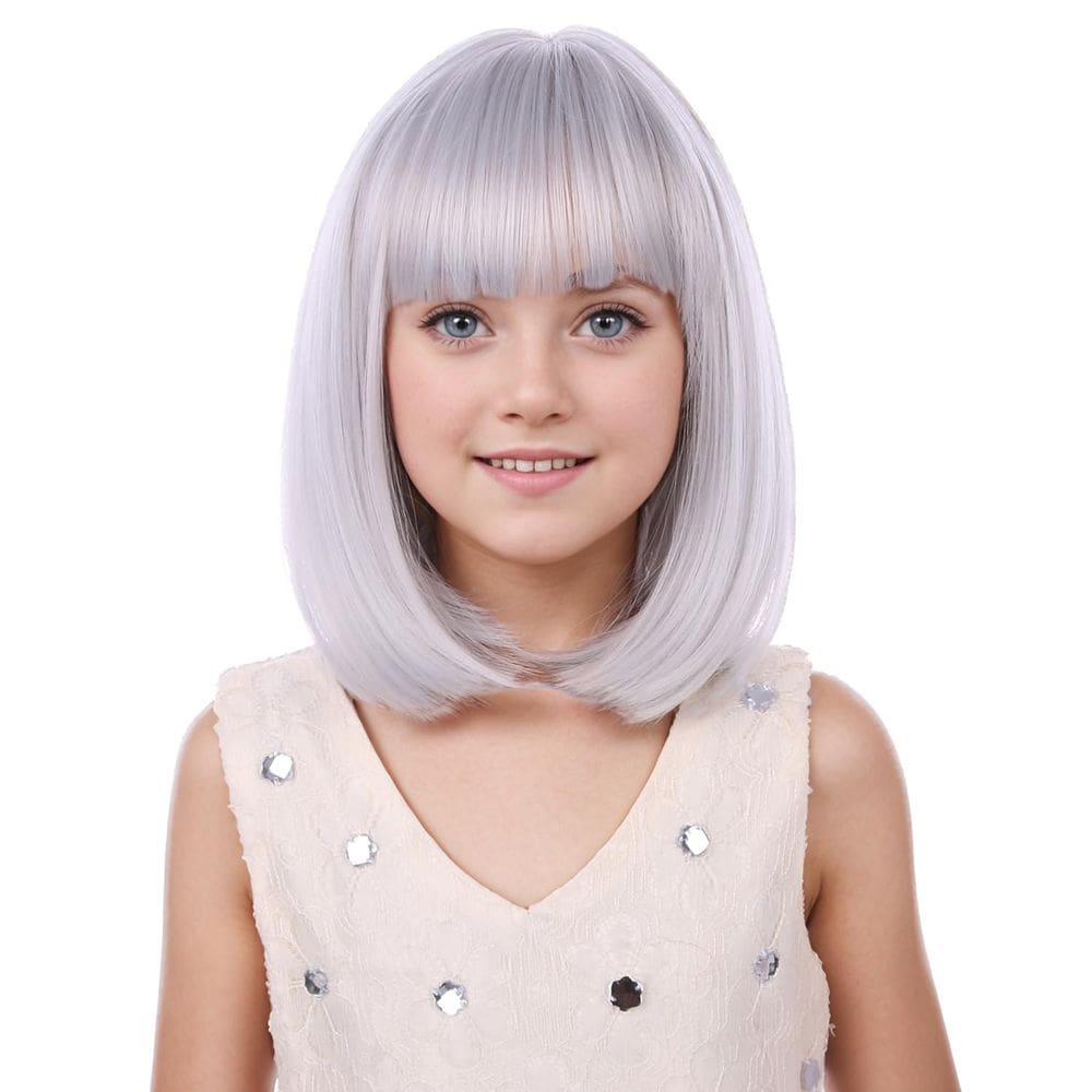 Peruca PATTNIUM Grey Bob para meninas e crianças Short Bob Grey com franja