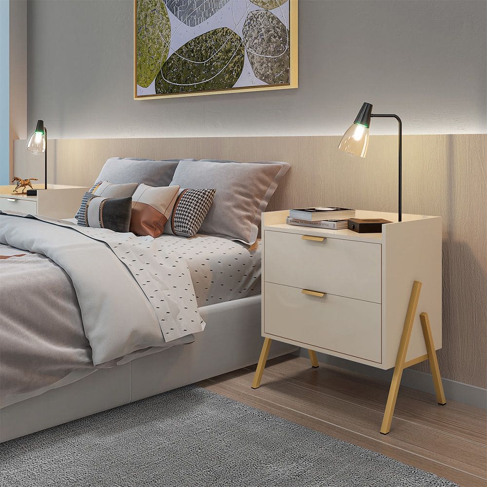 Mesa de Cabeceira Retrô com 2 Gavetas Asher 63cm - Off-white