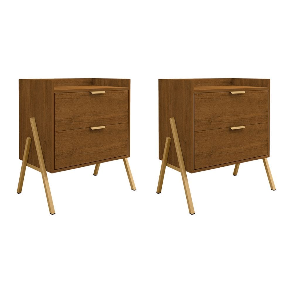 Kit 2 Mesas de Cabeceiras Retrô com 2 Gavetas Asher 63cm - Amêndoa