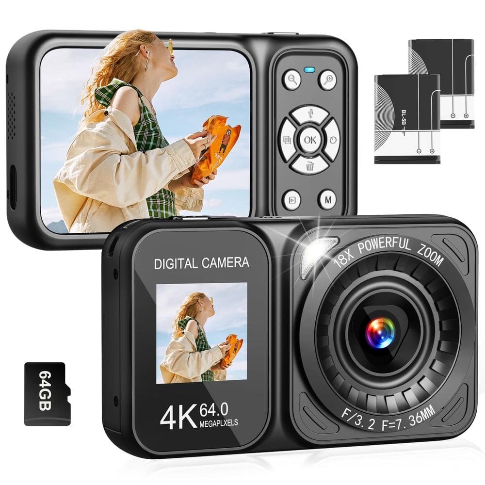 Câmera digital QUOLODOO 4K 64MP 18X Zoom com cartão TF de 64GB preto