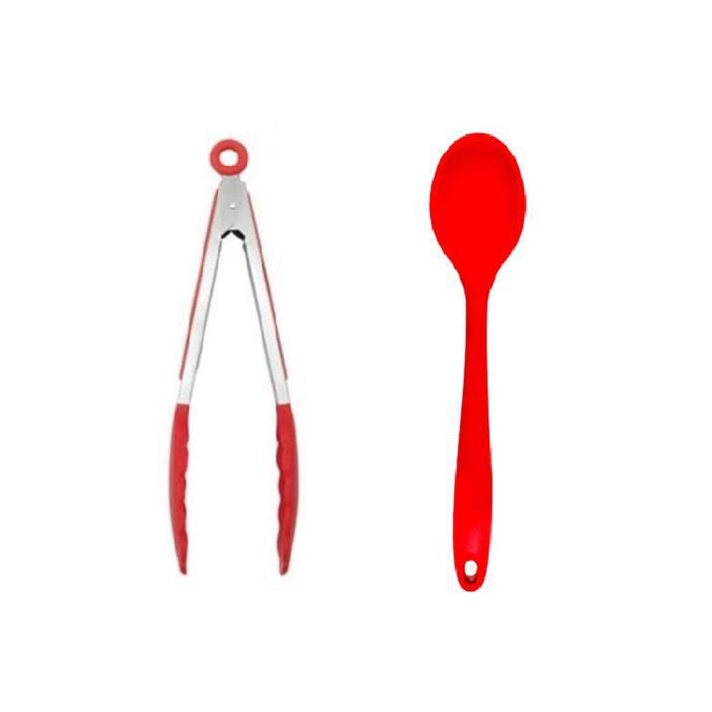 Jogo 2 Peças Colher 28Cm E Pinça Multiuso 25Cm Vermelha