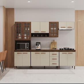 Cozinha Modulada Completa Fidelitá Lisboa 5 Peças 260cm 13 Portas 3 Gavetas Com Tampo Noce/Off-White