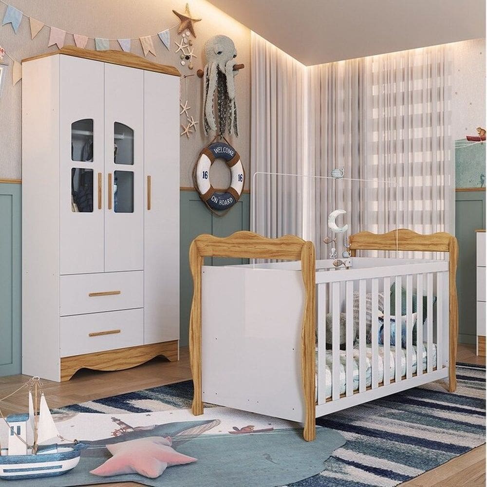 Quarto de Bebê Guarda-roupas 3 Portas Janeladas e Berço Minicama 100% Mdf Alice Espresso Móveis Branco Brilho/Amêndoa