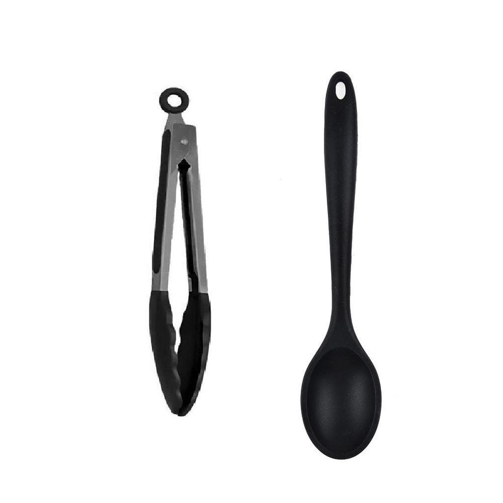 Jogo 2 Peças Colher 28Cm E Pinça Multiuso 25Cm Preta.