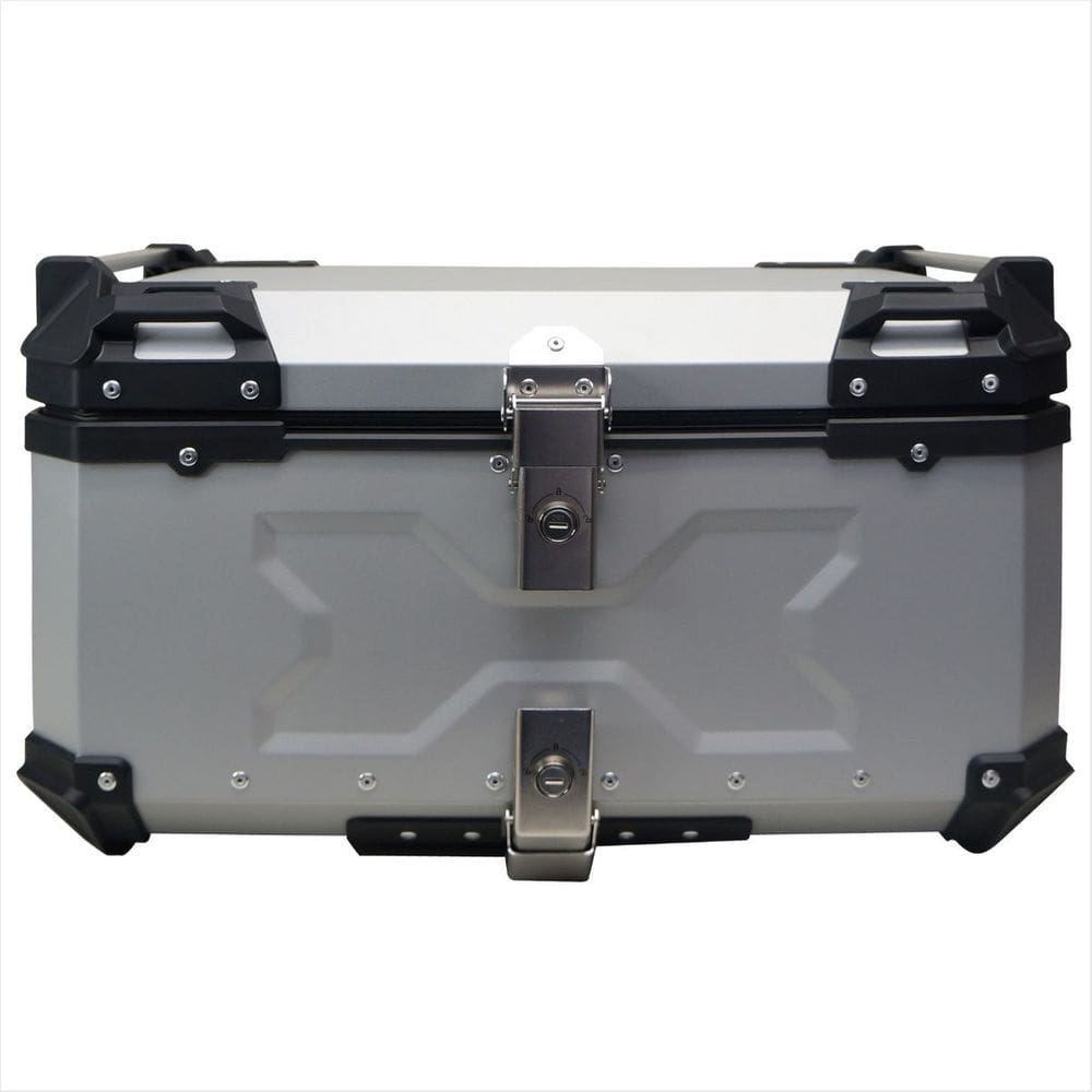 Baú de Moto Traseiro Tronos 60L-T-X em Alumínio - Base Universal - 60 Litros - Forro em Couro Sintético - Prata