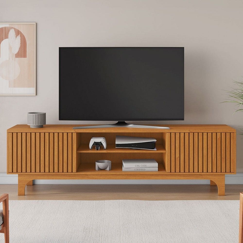 Rack Bancada para TV Até 70 Polegadas Bruxelas 2 Portas 1 Prateleira Ripado Cinamomo - Pnr Móveis