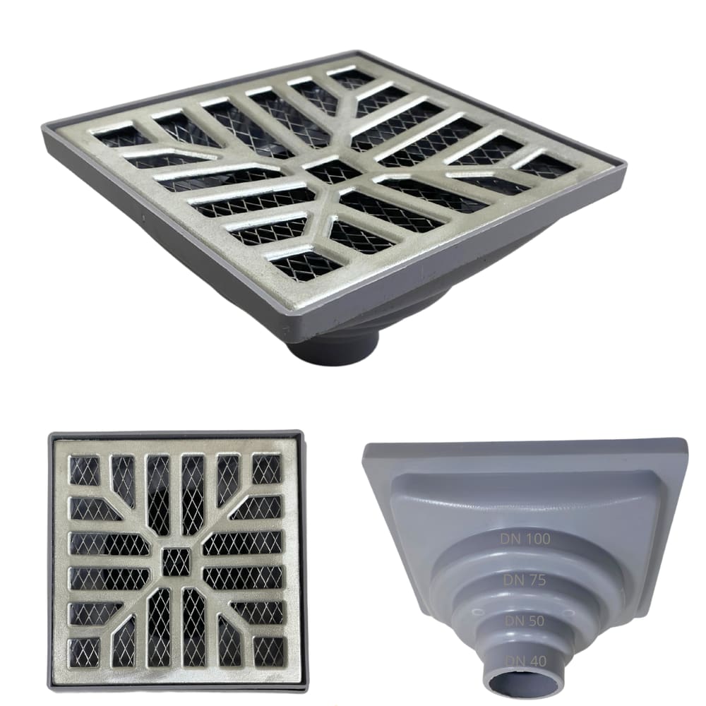 Ralo Anti Cheiro Aluminio Concova 15x15 Tela e Coletor Cinza Saída Baixa Adapt de 40mm até 100mm