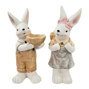 Casal De Coelho Campestre Decorativo Resina 47Cm Páscoa