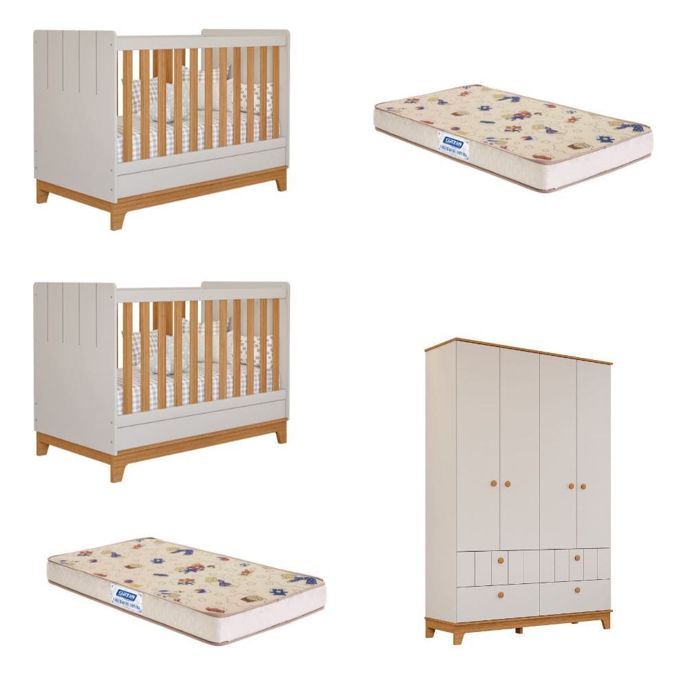 Quarto Bebê Gêmeos 2 Berço Mini Cama Guarda Roupa Liza e 2 Colchões Gazin Permobili