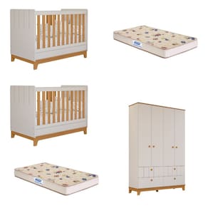 Quarto Bebê Gêmeos 2 Berço Mini Cama Guarda Roupa Liza e 2 Colchões Gazin Permobili