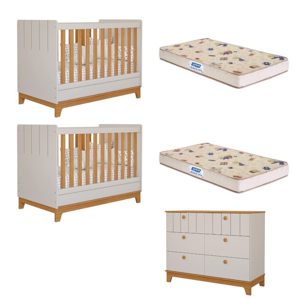 Quarto Bebê Gêmeos Berço Mini Cama Cômoda 6 gavetas Liza e 2 Colchões Gazin Permobili