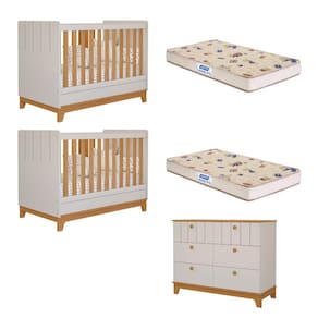 Quarto Bebê Gêmeos Berço Mini Cama  Cômoda 6 gavetas Liza e 2 Colchões Gazin Permobili