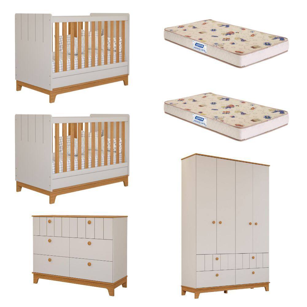 Quarto Bebê Gêmeos com 2 Berços Mini Cama Cômoda e Guarda Roupa Liza e 2 Colchões Gazin Permobili