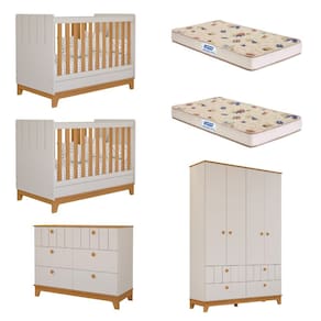 Quarto Bebê Gêmeos com 2 Berços Mini Cama Cômoda e Guarda Roupa Liza e 2 Colchões Gazin Permobili