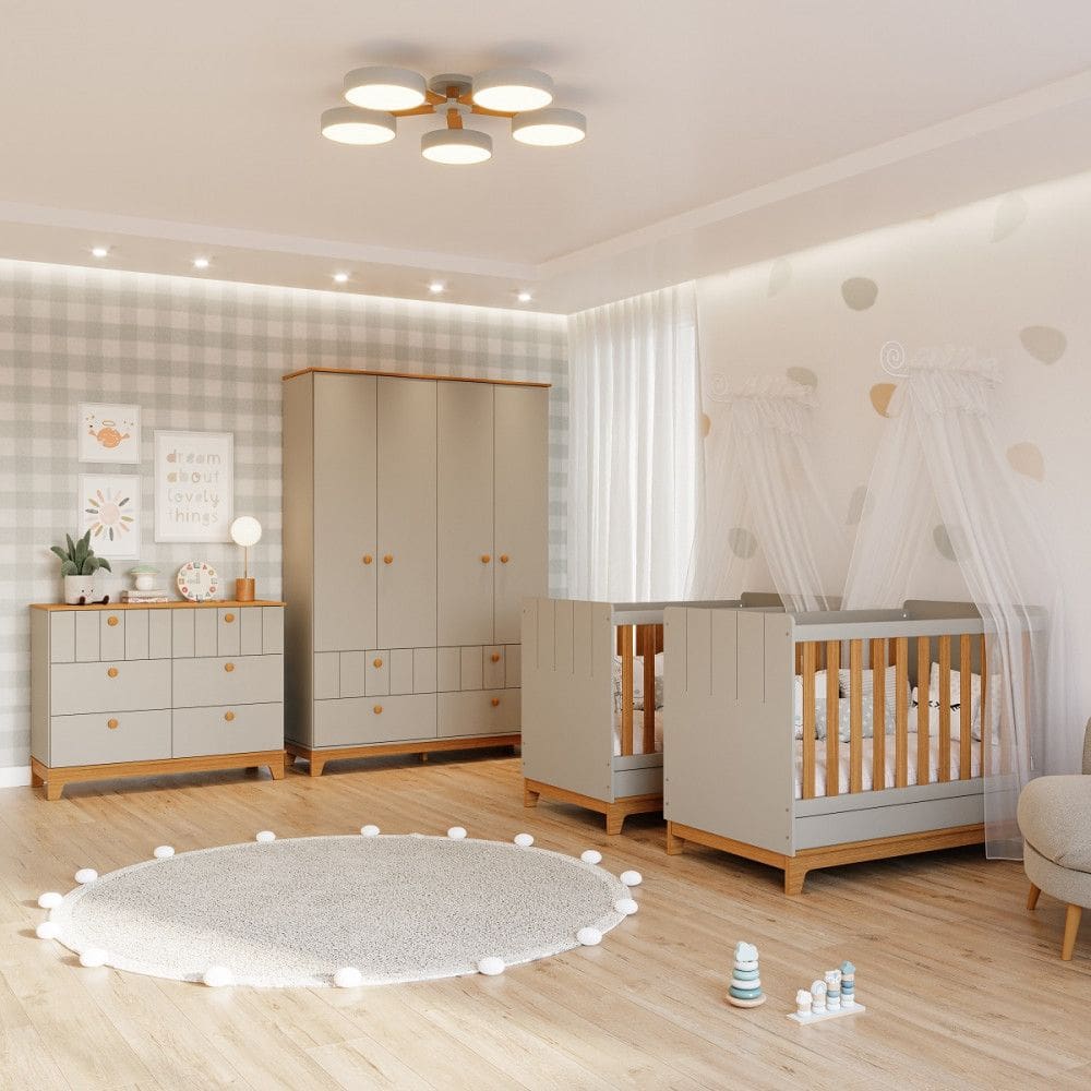 Quarto Bebê Gêmeos com 2 Berços Mini Cama Cômoda e Guarda Roupa Liza Permobili