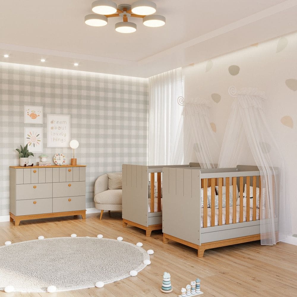 Quarto Bebê Gêmeos com 2 Berços Mini Cama e Cômoda 6 Gavetas Liza Permobili
