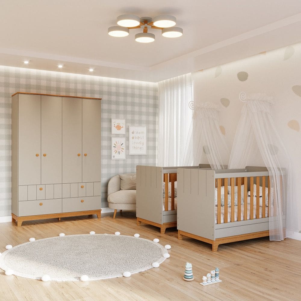 Quarto Bebê Gêmeos com 2 Berços Mini Cama e Guarda Roupa 4 portas Liza Permobili