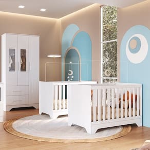 Quarto de Bebê com 2 Berço Mini Cama Guarda Roupa 3 Porta 2 Gavetas com Janela Popy Retrô Peroba