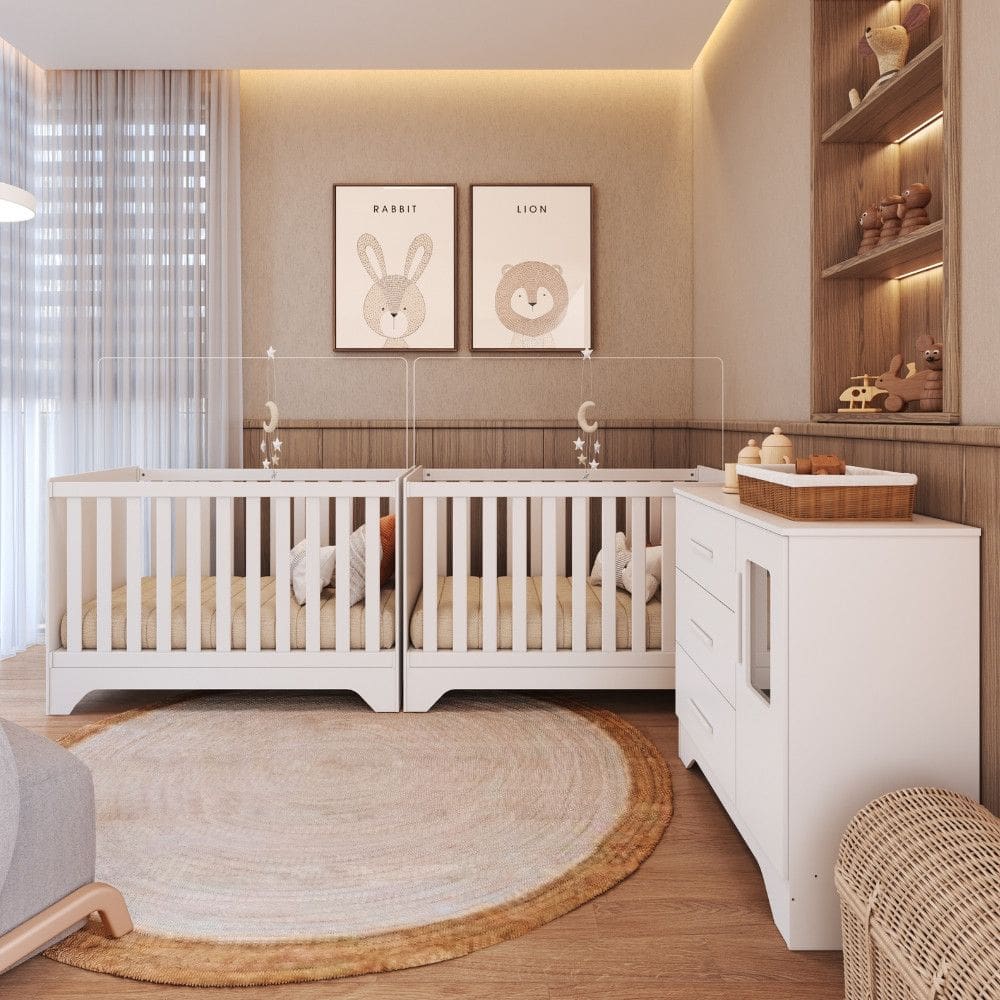 Quarto de Bebê com 2 Berço Mini Cama Cômoda 1 Portas 3 Gavetas com Janela Popy Retrô Peroba