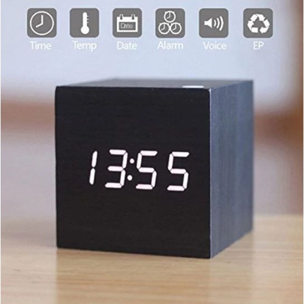 Relogio Despertador Digital Cubo Led Mesa Sound Control Cor:Preto
