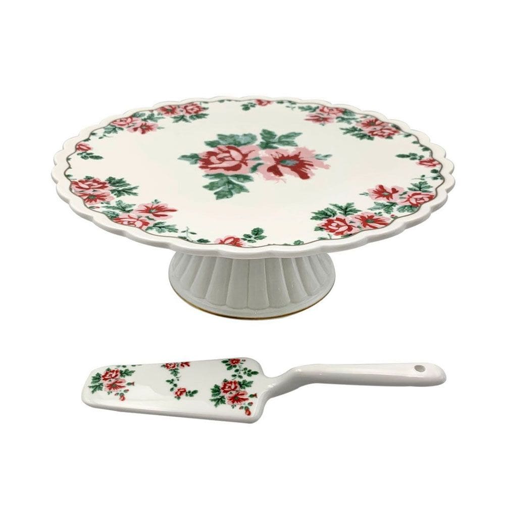 Prato para Bolo com Pé + Espátula  Branco com Flor