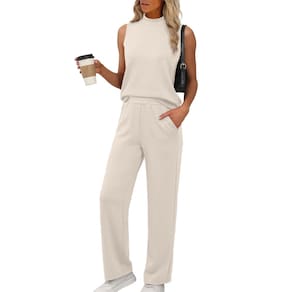 Conjunto de lounge XIEERDUO para mulheres, gola simulada, sem mangas, bege, XXL