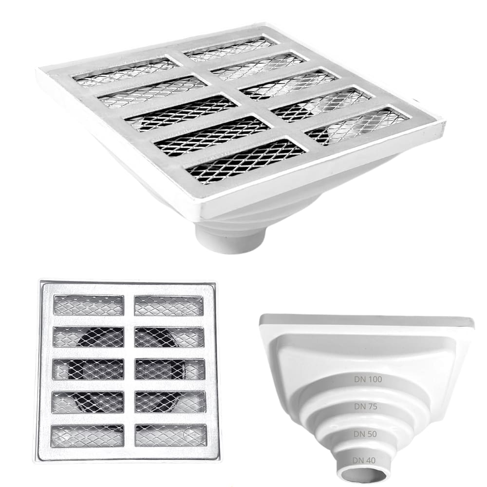 Ralo Aluminio modelo 15x15 Reta com Dupla Tela e Coletor Branco Saída Adapt de 40mm até 100mm