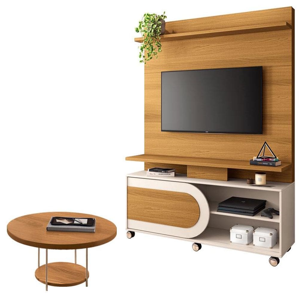 Estante Home Theater Òrbis Cinamomo Off White e Mesa de Centro Sky Cinamomo- HB Móveis