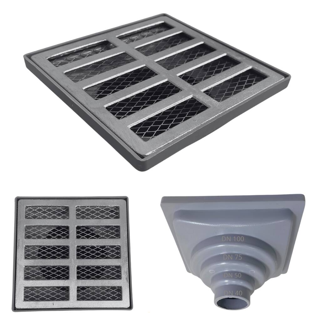 Ralo Aluminio modelo 15x15 Reta com Dupla Tela e Coletor Cinza Saída Adapt de 40mm até 100mm
