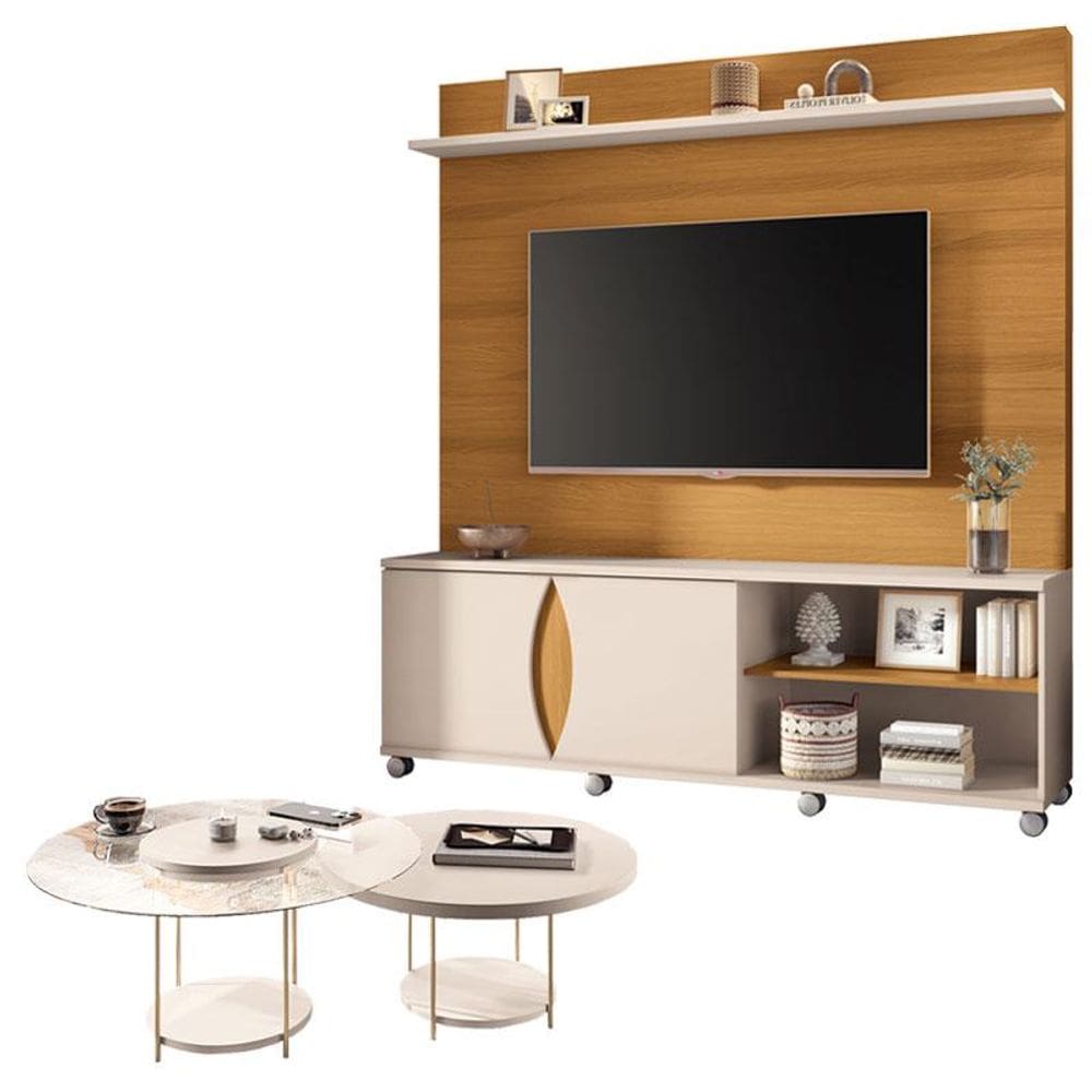 Estante Home Theater Luxor Cinamomo Off White e Kit Mesa de Centro Sky Off White- HB Móveis