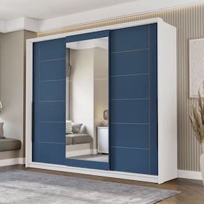 Guarda Roupa 3 Portas de Correr 4 Gavetas com Espelho Lisboa Branco/Azul