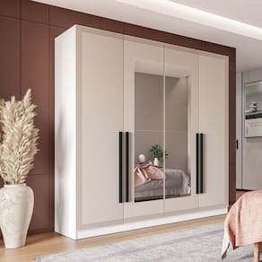 Guarda-roupa 4 Portas e 4 Gavetas com Espelho Valência Branco/Creme