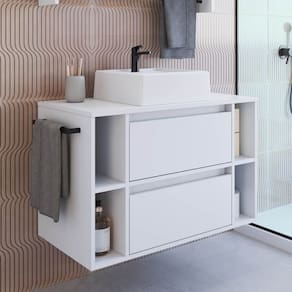 Gabinete de Banheiro Suspenso 80cm com 4 Nichos 1 Toalheiro 1 Porta 1 Gaveta com Cuba Branco