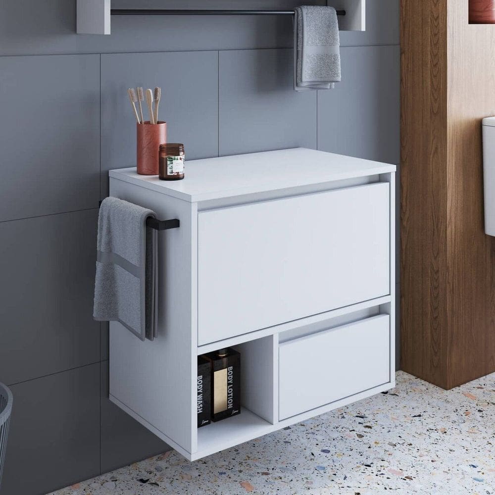 Gabinete de Banheiro Suspenso 60cm com 1 Nicho 1 Toalheiro 1 Porta e 1 Gaveta Branco