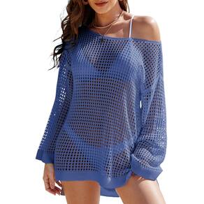 Swimsuit Cover Up Buauty Crochet de manga curta azul para mulheres