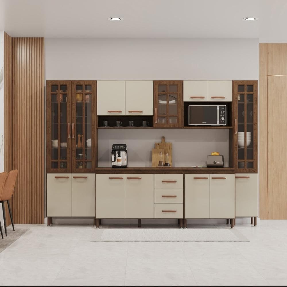Cozinha Modulada Completa Fidelitá Lisboa 6 Peças 295cm 15 Portas 3 Gavetas Com Tampo Noce/Off-White