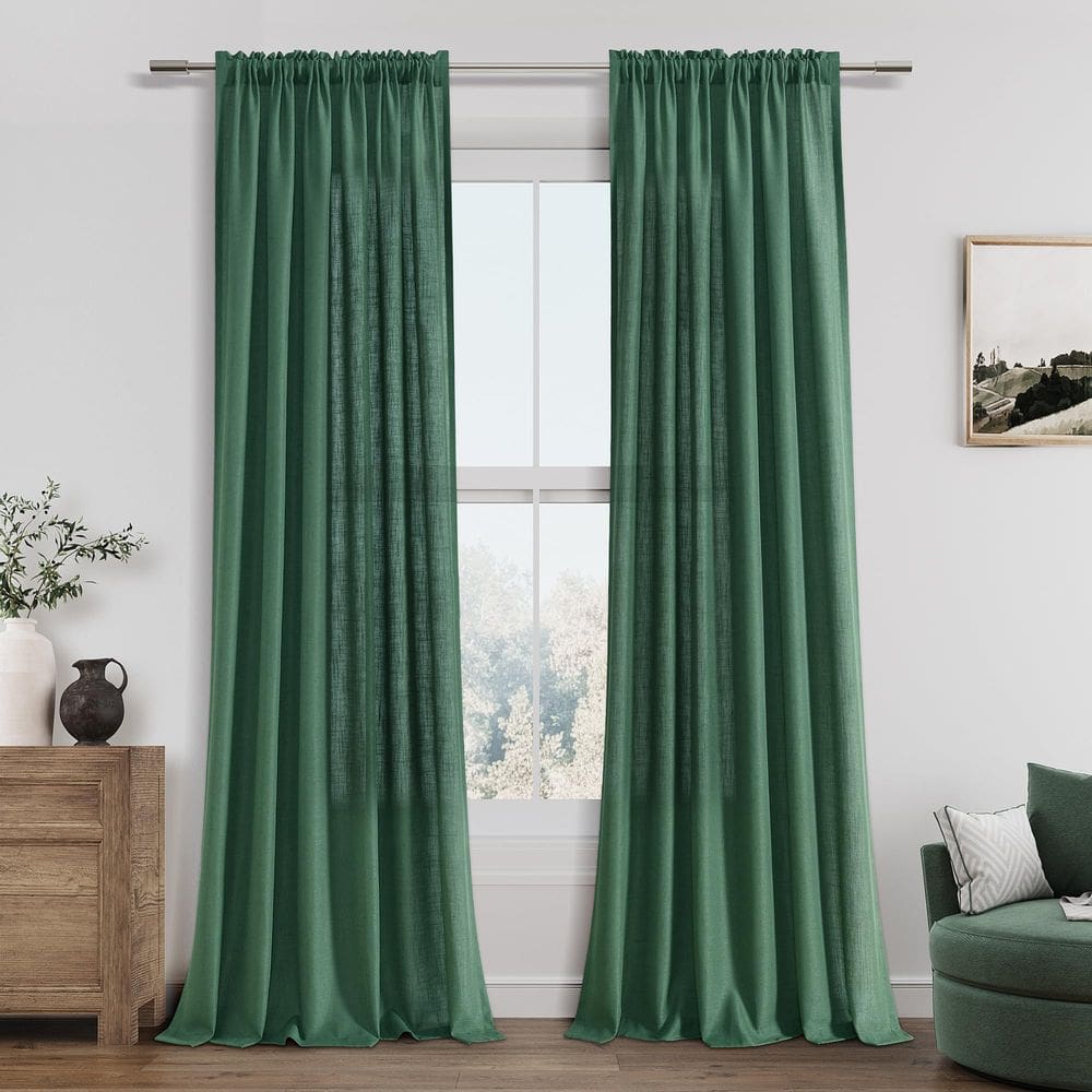 Cortinas Guken Green Linen, 244 cm de comprimento para sala de estar, 2 painéis