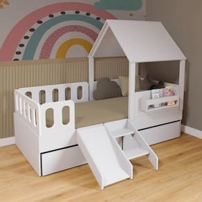 Cama Casinha com Telhado 02 Gavetas Kit Escada e Grades Anatômica Branco Megamobilia