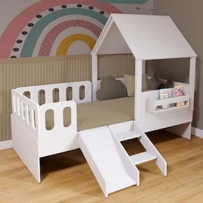 Cama Casinha com Telhado Kit Escada e Grades Anatômica Branco Megamobilia