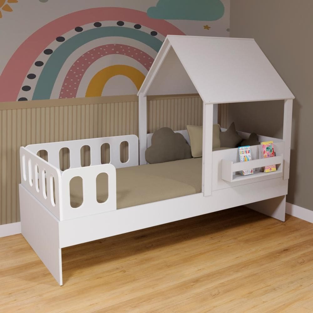 Cama Casinha com Telhado e Grades Anatômica Branco Megamobilia