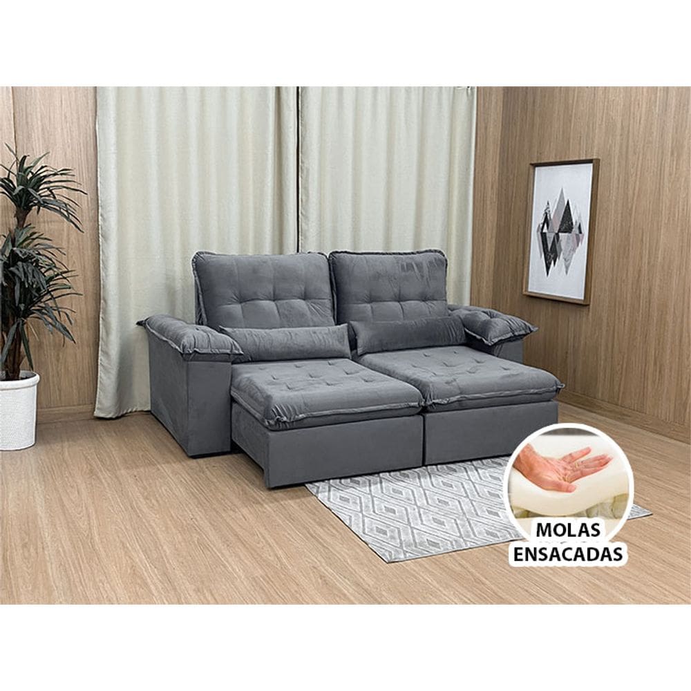 Sofá Retrátil Reclinável 2,30 m Cinza 502 Sara Premium