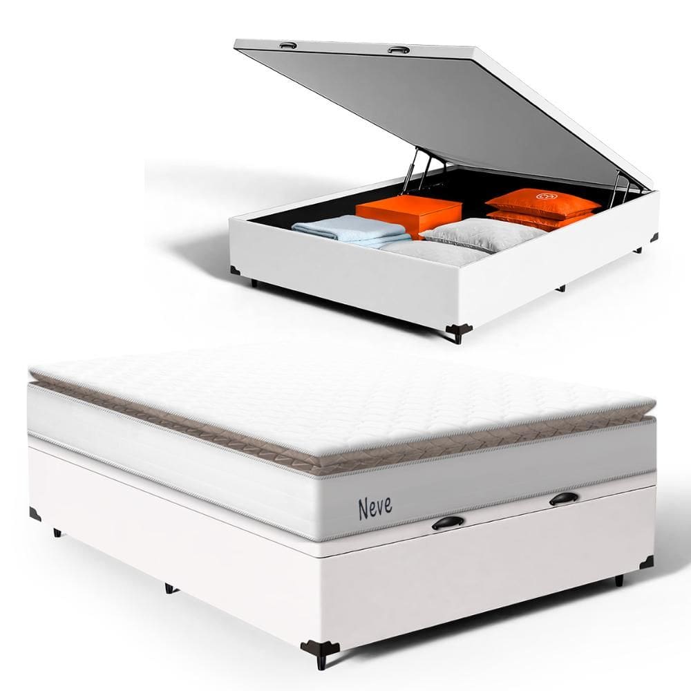 Cama Box Baú com Colchão de Molas Ensacadas Pillow Top Neve Casal 138cm