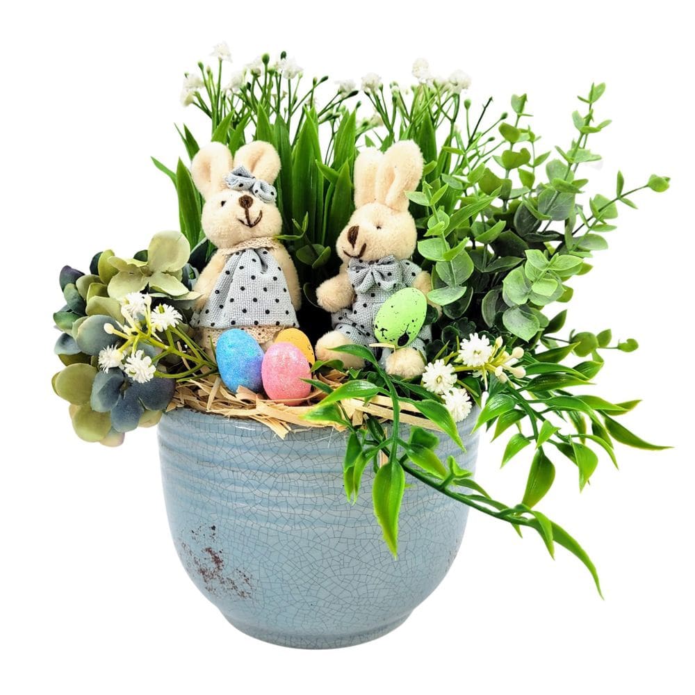 Arranjo De Páscoa Com Vaso Casal De Coelho Azul Decoração