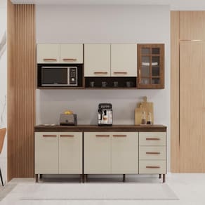 Cozinha Modulada Compacta Fidelitá Lisboa 4 Peças 190cm 9 Portas 3 Gavetas Com Tampo Nogal/Salinas
