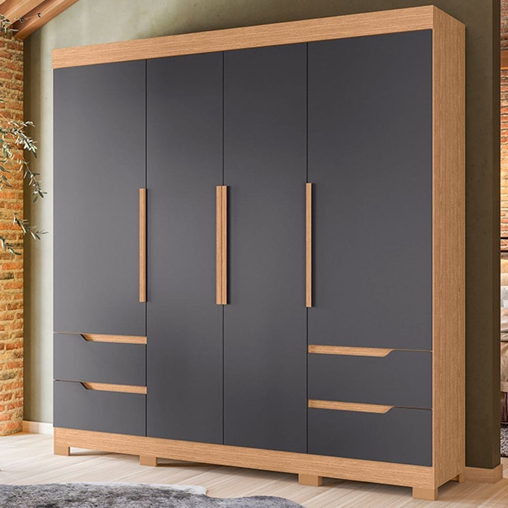 Guarda-roupa Casal 4 Portas 4 Gavetas Doble Freijó / Titanium