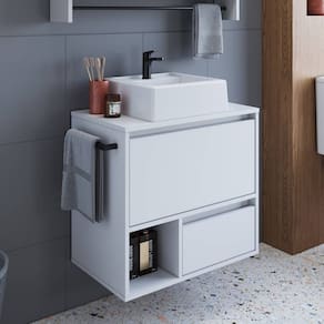 Gabinete de Banheiro Suspenso 60cm com 1 Nicho 1 Toalheiro 1 Porta e 1 Gaveta com Cuba Branco
