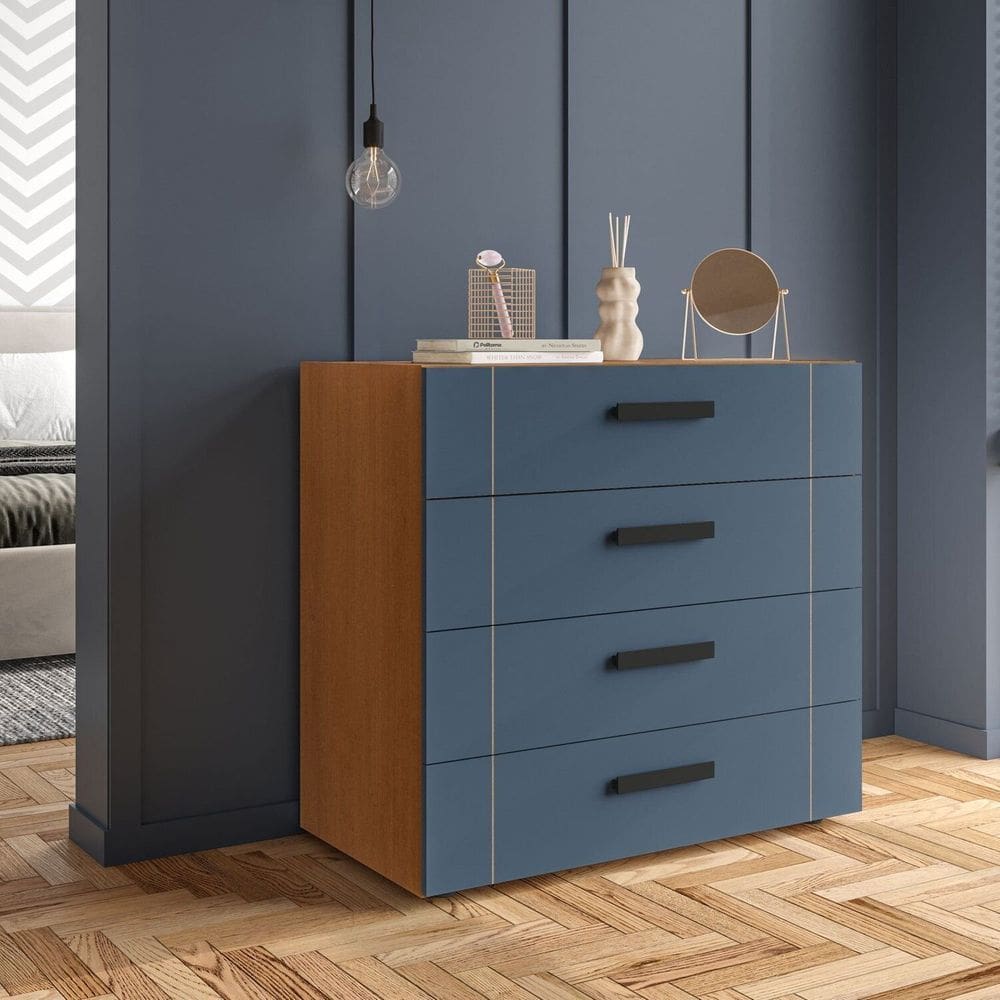 Cômoda 4 Gavetas Lisboa Politorno Móveis Freijó/Azul