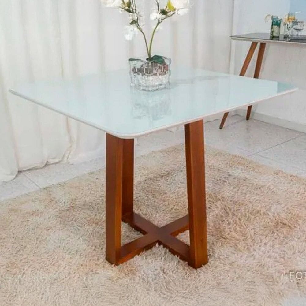 Mesa de Jantar 120cm X 90cm Tampo Laqueado Pés Madeira Maciça Zaya Cinamomo /Off White