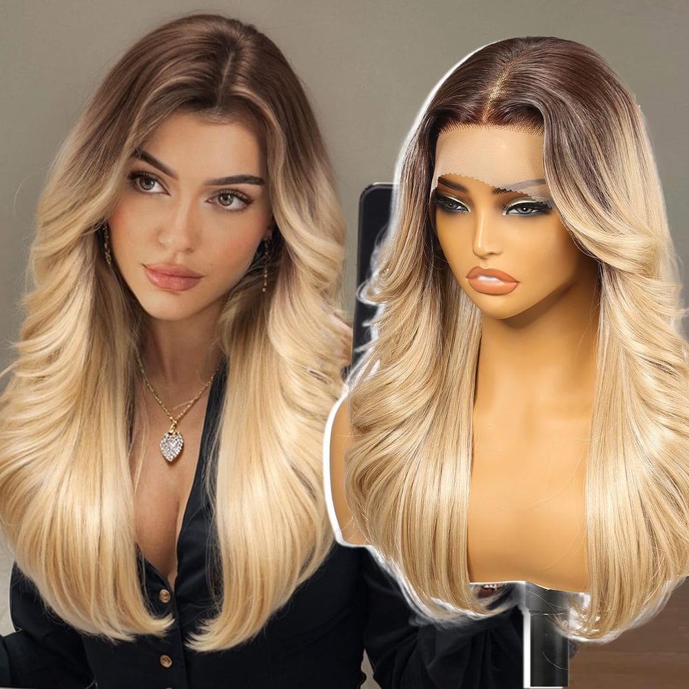 Peruca frontal de renda sintética KOME Ombre Blonde 20 polegadas para mulheres