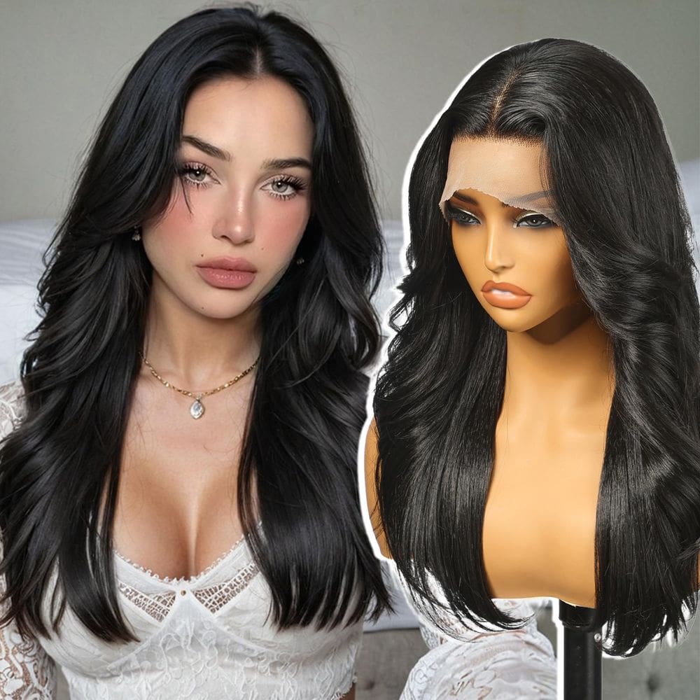 Peruca frontal de renda sintética KOME Black Long Straight 20cm